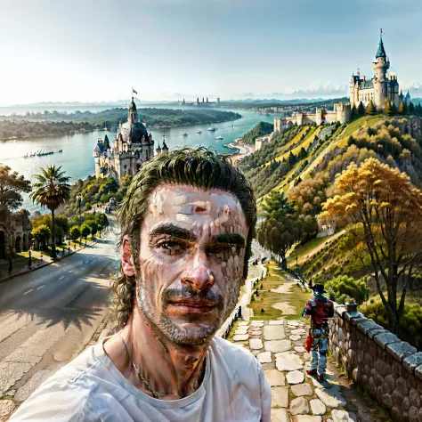 Homem de Arafed  fisico atletico tirando (olhar magnetico) uma selfie  em frente a um castelo, with a Castelo no fundo, iluminad...