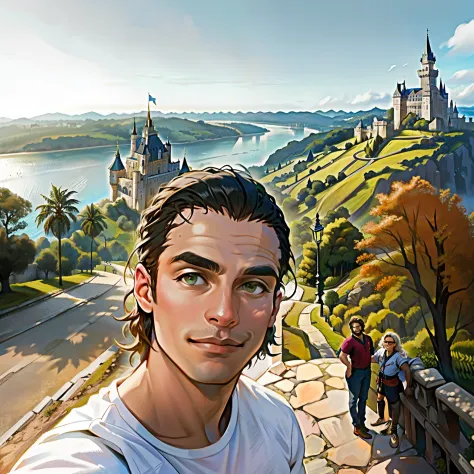 Homem de Arafed  fisico atletico tirando (olhar magnetico) uma selfie  em frente a um castelo, with a Castelo no fundo, iluminad...
