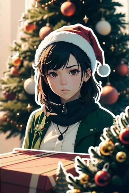 Sticker design, 1girl, Christmas hat, Christmas tree, (Makoto Shinkai and Makoto Niitsu style), enhance, intricate, (masterpiece, Representative work, official art, Professional, unity 8k wallpaper:1.3)