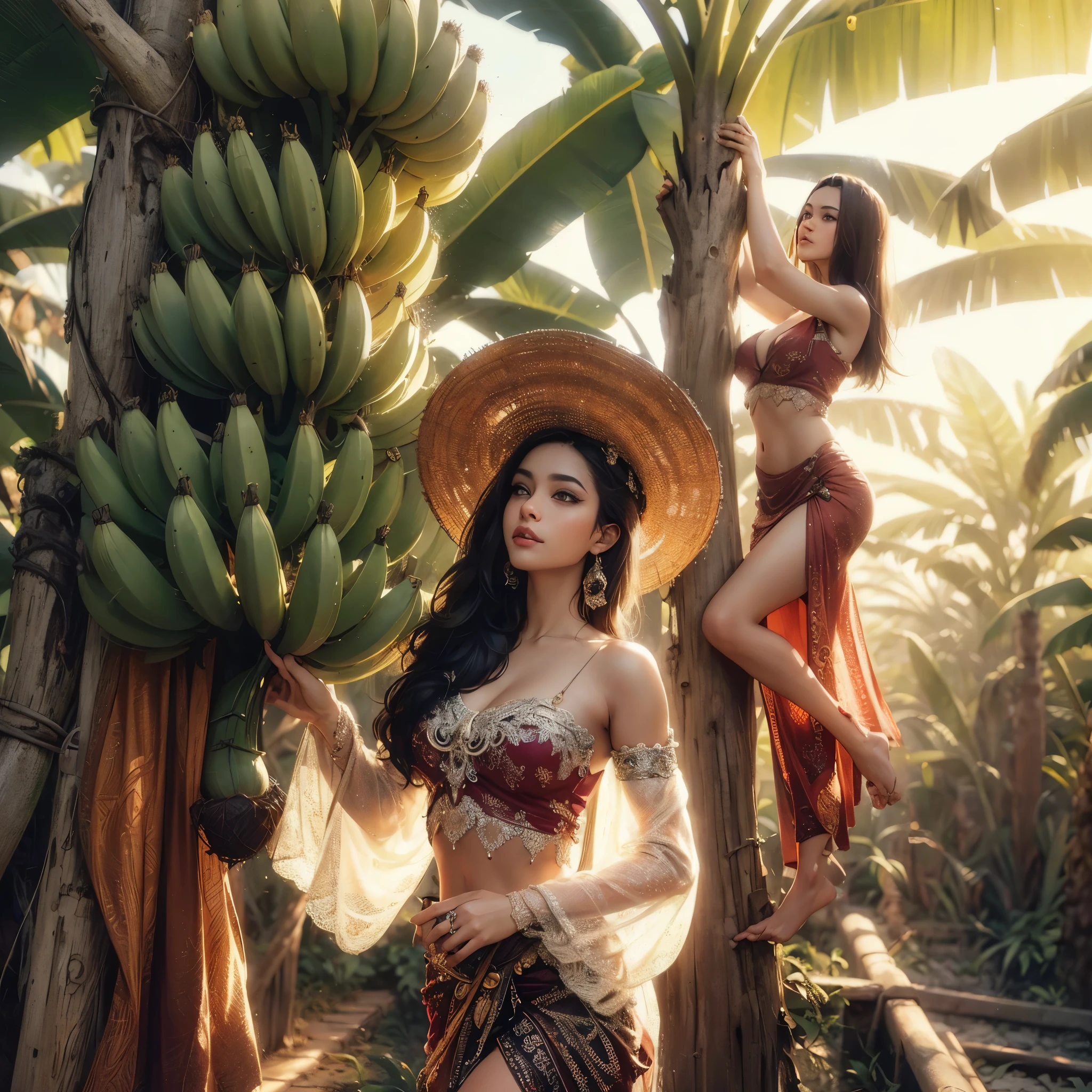 there is a woman with large breast sitting on a banana tree with a hat on, banana trees, beautiful digital artwork, bananas, inspired by Rudy Siswanto, inspired by Hedi Xandt, banana, by Galen Dara, with beautiful exotic, photo manipulation, organic 8k artistic photography, banana color, karol bak uhd, tropical mood, traditional beauty, tropical vibe, masterpiece, best quality:1.2),,(8k,highres,RAW photo,realistic,photo-realistic:1.3),(detailed skin texture,detailed cloth texture,beautiful detailed face:1.25),professional lighting,photon mapping,beautiful soft light,radiosity,physically-based rendering,raytracing, model shoot style, model shoot style, (extremely detailed CG unity 8k wallpaper), full shot body photo of the most beautiful artwork in the world,