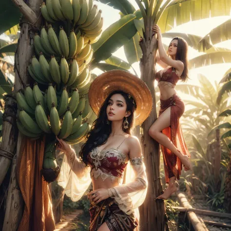 there is a woman with large breast sitting on a banana tree with a hat on, banana trees, beautiful digital artwork, bananas, ins...