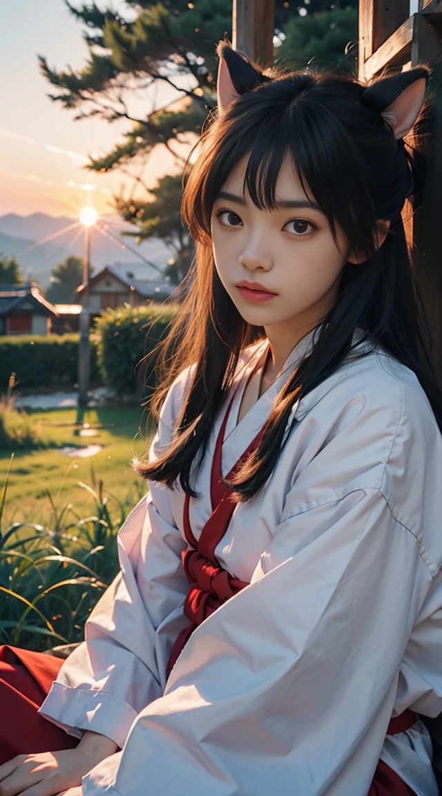 （of a guy），inuyasha，（（The upper part of the body，head turned to the side）），The background is the village，Sunset，Sit on grass