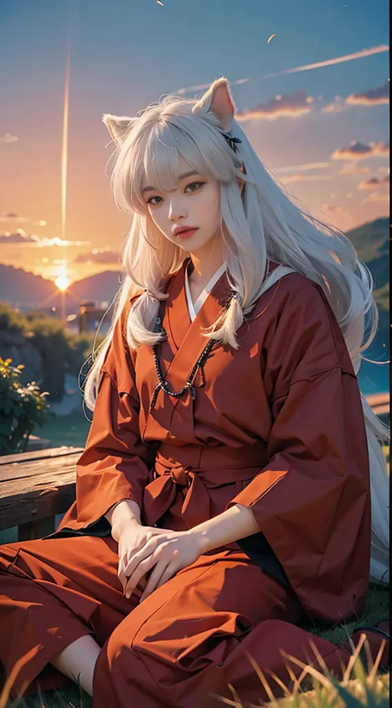 （of a guy），inuyasha，（（The upper part of the body，head turned to the side）），The background is the village，Sunset，Sit on grass