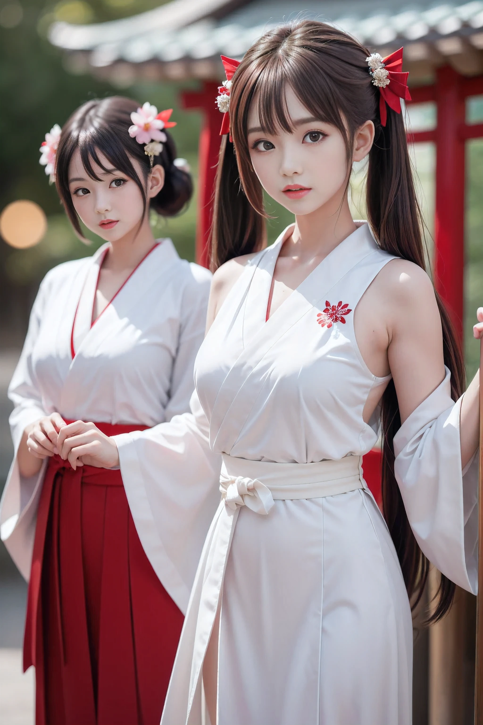 ((2girls)), ((Best Quality)), (Ultra-detailed), (extremely detailed CG unified 8k wallpaper), Highly detailed, High-definition raw color photos, Professional Photography, (Twin-tailed), Brown hair, Amazing face and eyes, Pink eyes, (amazingly beautiful girl), (shrine maiden), (Japanese style shrine maiden costume, White haori, Red Hakama:1.2), (((Bokeh))), depth of fields,