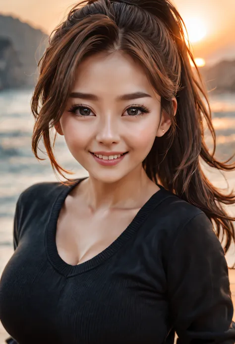 Best quality, 超k hd, (realistically:1.4),Sunset sun, pony tails, Korean female, detailed photograph, Smiling, sexy for, black sh...