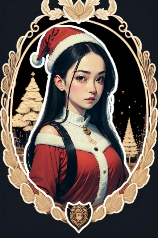 Sticker design, 1girl, Christmas hat, Christmas tree, (Ukiyoe art), enhance, intricate, (masterpiece, Representative work, official art, Professional, unity 8k wallpaper:1.3)