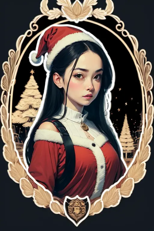 Sticker design, 1girl, Christmas hat, Christmas tree, (Ukiyoe art), enhance, intricate, (masterpiece, Representative work, offic...