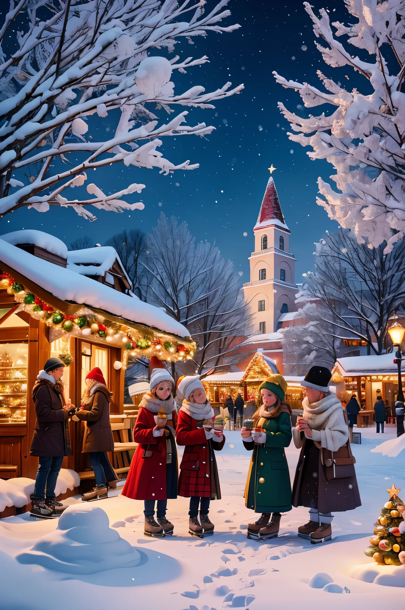 A busy small American town, with charming downtown architecture, immersed in a snowy Christmas scene. The town is filled with joyful holiday decorations, such as colorful Christmas lights, wreaths, and beautifully decorated Christmas trees. The snow-covered streets and rooftops create a magical atmosphere, with snowflakes gently falling from the sky. The main street is bustling with activity, as people shop for gifts in the cozy local stores and enjoy hot drinks from the charming cafes. The town square is adorned with a grand Christmas market, filled with stalls offering handmade crafts, delicious treats, and cheerful carolers. Children can be seen happily  skating on the frozen lake nearby, while families gather around bonfires, roasting marshmallows and enjoying the warmth. The town is bathed in warm and soft lights, casting a romantic and cozy glow over the entire scene. It is a picturesque and idyllic place, capturing the essence of a snowy Christmas in a small town. 

(best quality, 4k, highres), (realistic:1.37), (Highly detailed, Highly focused), winter, snow-covered streets, snowy rooftops, joyful holiday decorations, colorful Christmas lights, wreaths, beautifully decorated Christmas trees, cozy local stores, charming cafes, bustling activity, grand Christmas market, handmade crafts, delicious treats, cheerful carolers,  skating on frozen lake, bonfires, roasting marshmallows, warm and soft lights, romantic and cozy.