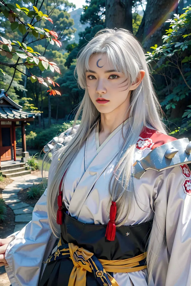 best quality, masterpiece,(a mature man)  sesshomaru,white hair,long hair((upper body, head turned to the side)), japanese fores...