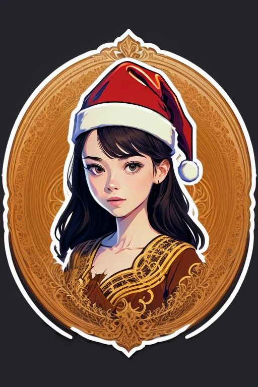 Sticker design, 1girl, Christmas hat, (vector art), enhance, intricate, (masterpiece, Representative work, official art, Professional, unity 8k wallpaper:1.3)