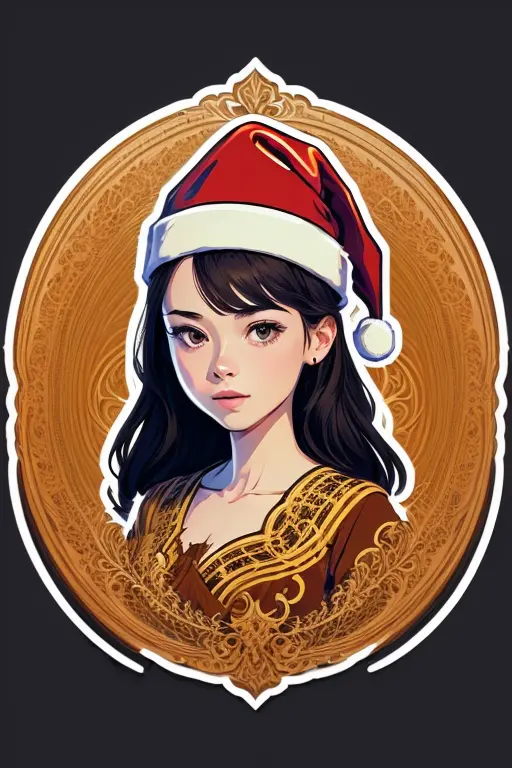 Sticker design, 1girl, Christmas hat, (vector art), enhance, intricate, (masterpiece, Representative work, official art, Profess...