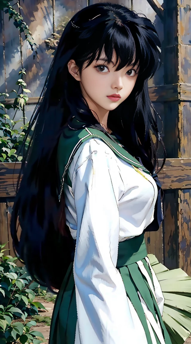 Master piece,best quality,1 girl,kagome highurashi,long hair,black hair,uniform,looking viewer,