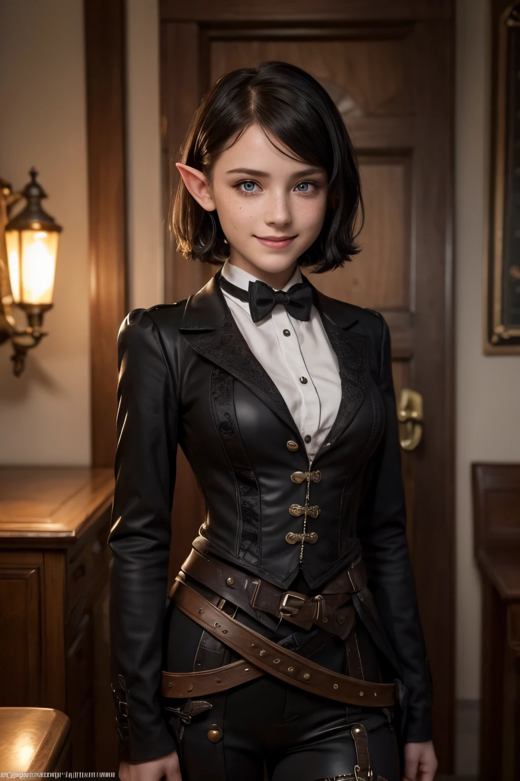 (Style Académie Sombre), (1Petite fille elfe, Visage de mannequin russe, Mignon, Beau, sourire salope, taches de rousseur), (Les cheveux cours et noirs), Porter des vêtements steampunk formels, (je regarde le point de vue)