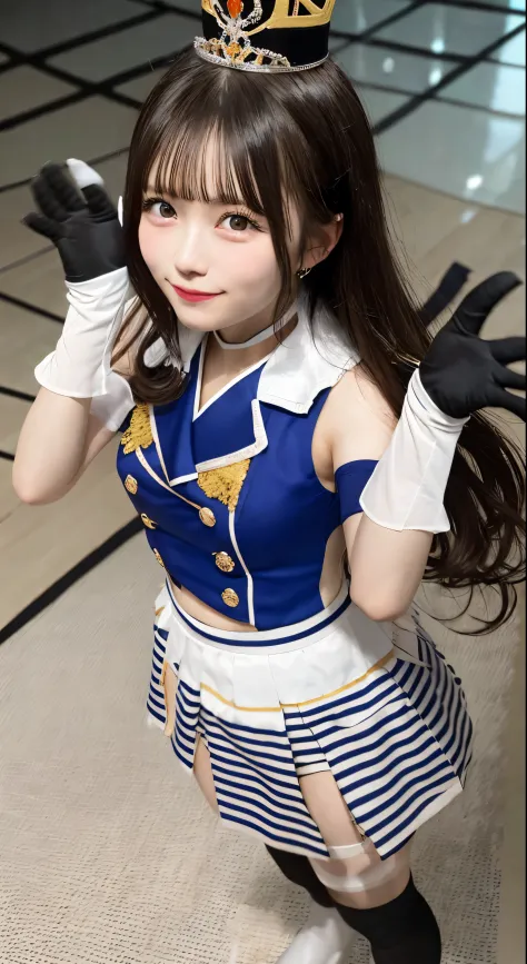 masutepiece, Best Quality, absurderes, Perfect Anatomy, 1girl in, Solo, Kosaka Band, Long hair, band uniform, White Gloves, Shako Cap, stage, audience, Standing, Waving, A smile,kosaka queen,look at viewr,From  above