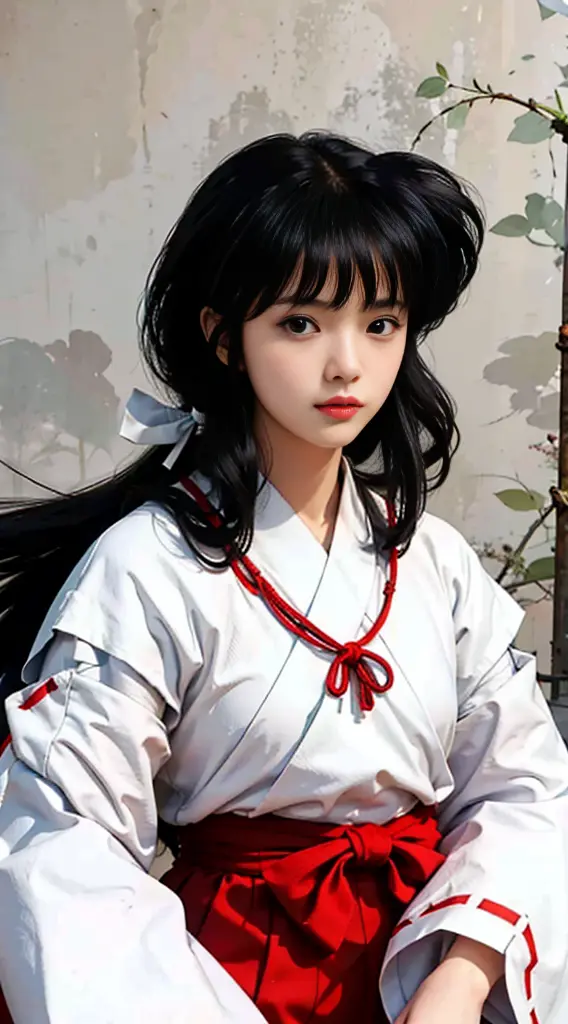 Master piece,best quality,1 girl,kikyo,long hair,black hair,white kimono,looking viewer,
