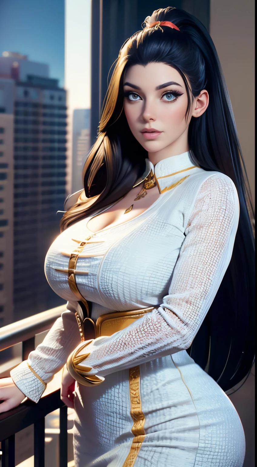 photo of Angela White, RAW, beautiful woman, ((portrait)), ((detailed face:1.2)), ((detailed facial feature, detailed skin, clear skin), (perfect proportioned body), (wearing a colorful dress) (high detailed city environment, apartment balcony), (realistic photo, best quality, detailed), (8k wallpaper), (cinematic lighting, dramatic lighting) (sharp focus, intricate)