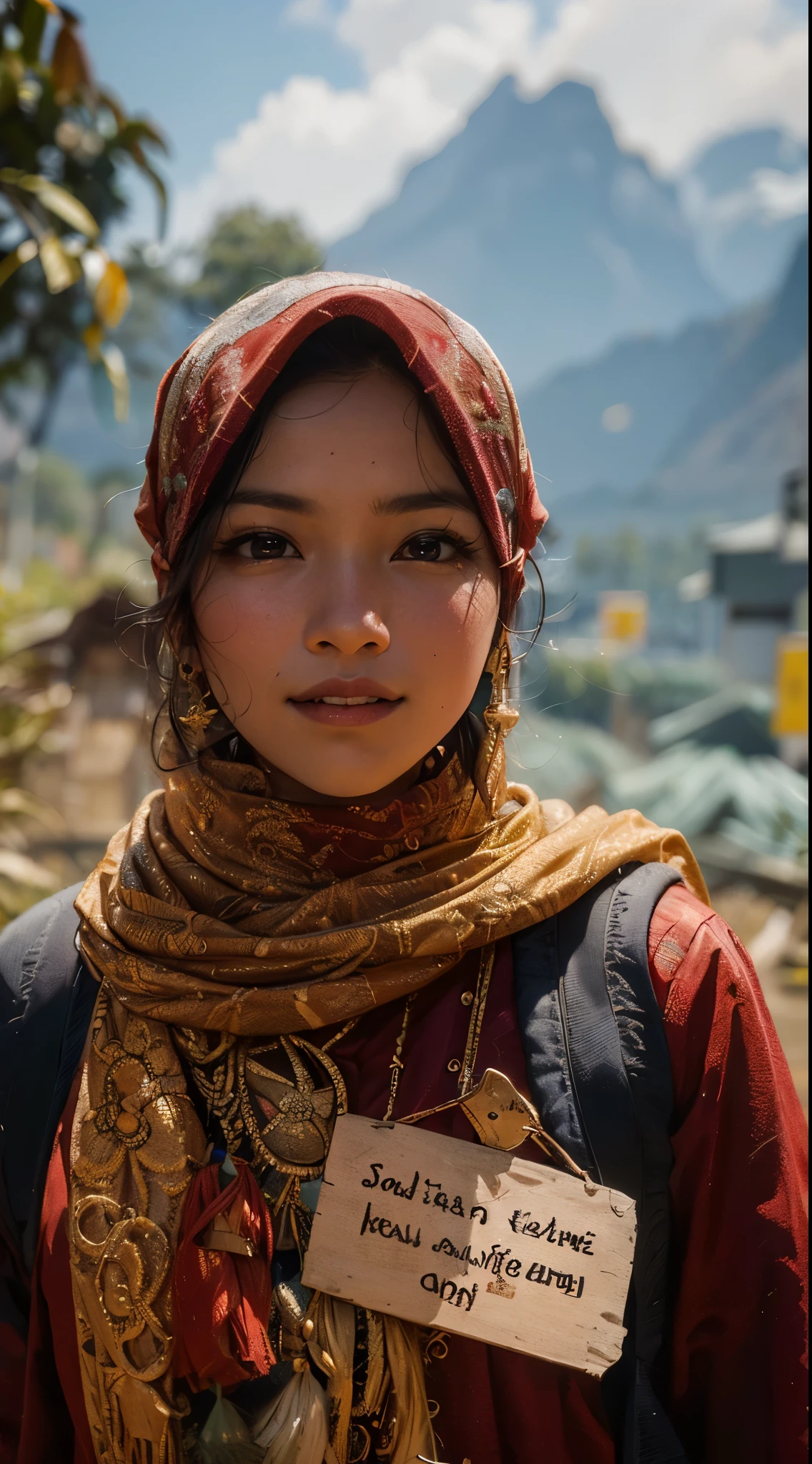 arafed woman large breast with a sign that says, i am a tourist, young himalayan woman, beautiful young himalayan woman, beautiful himalayan woman, mid shot portrait, south east asian with round face, medium shot portrait, portrait featured on unsplash, a young asian woman, photo of a woman, close - up portrait shot, an asian woman, beautiful female, vietnamese woman masterpiece, best quality:1.2),,(8k,highres,RAW photo,realistic,photo-realistic:1.3),(detailed skin texture,detailed cloth texture,beautiful detailed face:1.25),professional lighting,photon mapping,beautiful soft light,radiosity,physically-based rendering,raytracing, model shoot style, model shoot style, (extremely detailed CG unity 8k wallpaper), full shot body photo of the most beautiful artwork in the world,