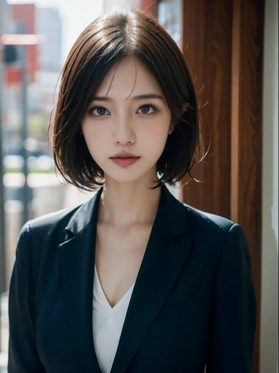 s Office、Portrait of a woman in a business suit, top-quality、hyper HD、Yoshitomo Nara, Japanese Models, Beautiful Japan Girl, With short hair, 27yo female model, 4 K ], 4K], 27yo, sakimichan, sakimichan