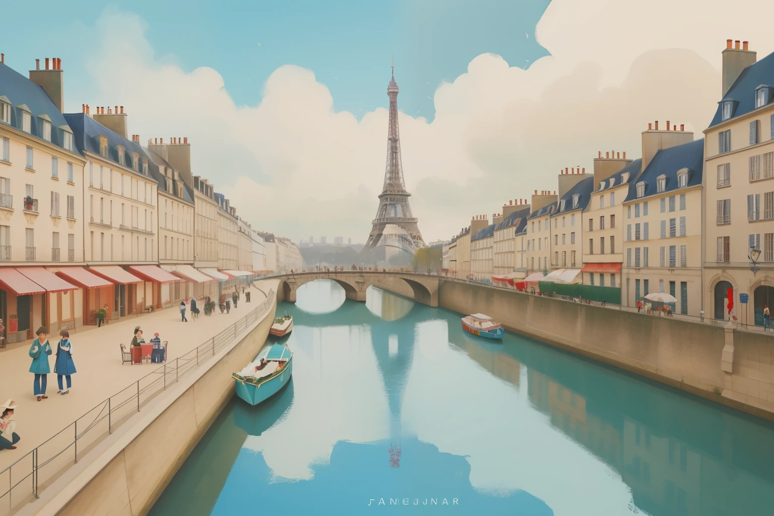 Year: January 2023. Activity: Umbrella Painting Workshop in Paris, France.

Description: Characters, dressed in whimsical raincoats, gather under a colorful array of umbrellas to paint vibrant scenes. The Seine River and iconic Parisian architecture provide a picturesque background.