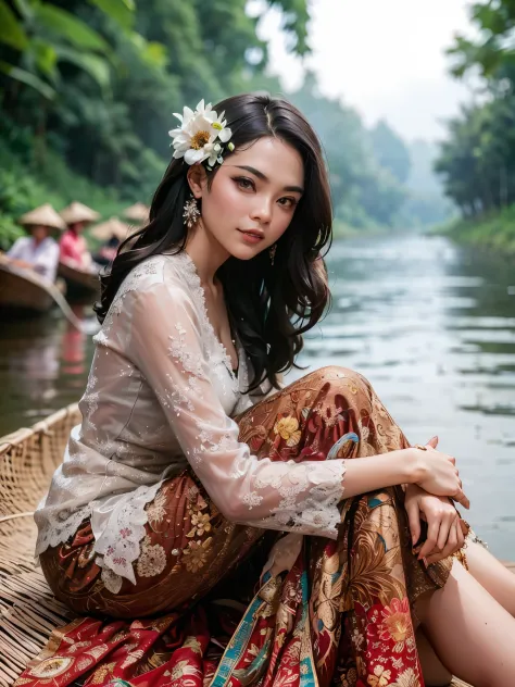 arafed woman sitting on a boat in a river with a flower in her hair, traditional beauty, beautiful oriental woman, vietnamese wo...