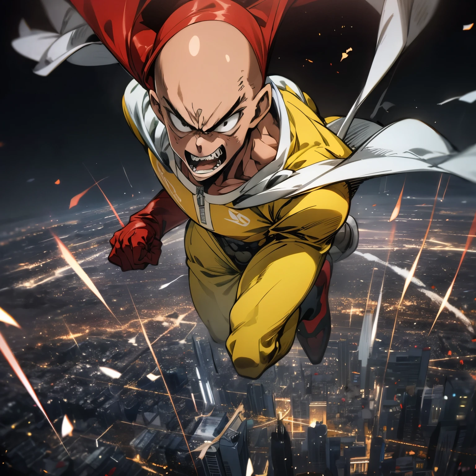 masterpiece, best quality, 1boy, (saitama), bald hair, black eyes, red gloves, yellow clothes, white cape, flying, angry face, aura power, night, natural light, flying, angry eyes, angry face, male focus, strong muscles, movie composition, flying, bokeh, (futuristic), (full body), city view, flying above the city, scary look, godly strenght