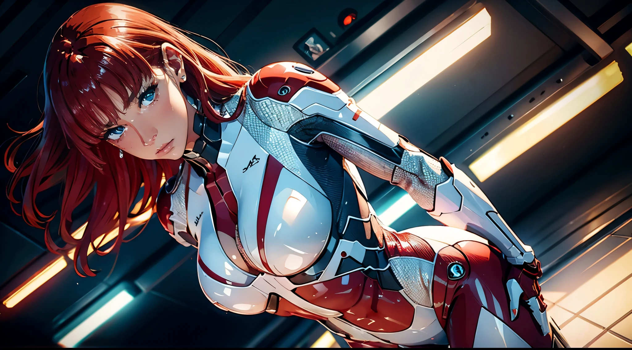 medium-shot angle, cyborg lady, wavy red hair, white suit, heavy rain, beautiful anamorphic lights, cinematic light, masterpiece, 8k.