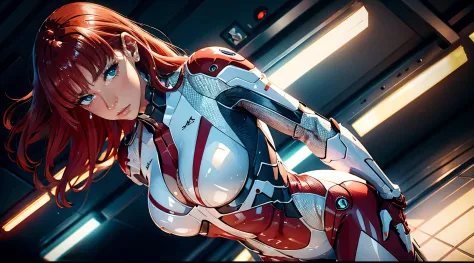 medium-shot angle, cyborg lady, wavy red hair, white suit, heavy rain, beautiful anamorphic lights, cinematic light, masterpiece...