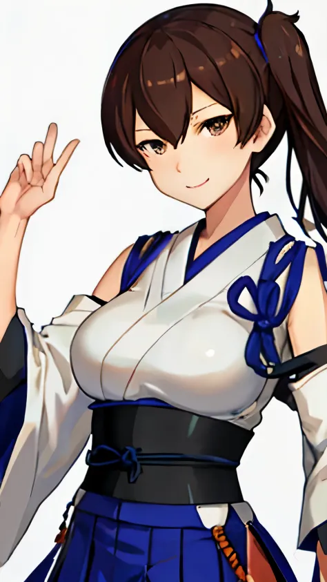 Best Quality, masutepiece, hight resolution, Solo, {Kaga_Kantai Collection:1.15}, long_hair, brown_hair, brown_Eyes, muneate, tasuki, Smile, 1girl in , Japanese_Clothes, distortion, , outstretched_Highly detailed arms、extremely detailed eye、extra detailed ...