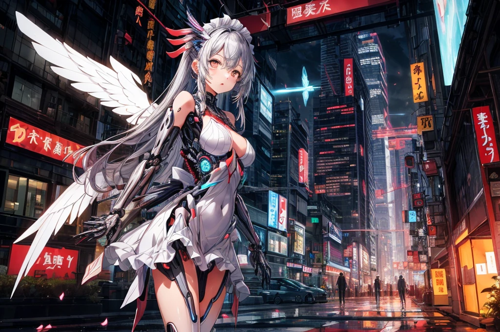 top-quality、ighly detailed、​masterpiece、ultra-detailliert、illustratio、((1girl in))、silber hair、length hair、Floating hair、、Cyber City、Neon building、(The upper part of the body:1.05)、extremely_Detailed_Eyes_And_Face,cybernetic wings mechanical wings、Random posture、Skyscraper、、Mechumusume、shrine maiden clothe,maid clothes、Random angles、anime styled,cowboy  shot