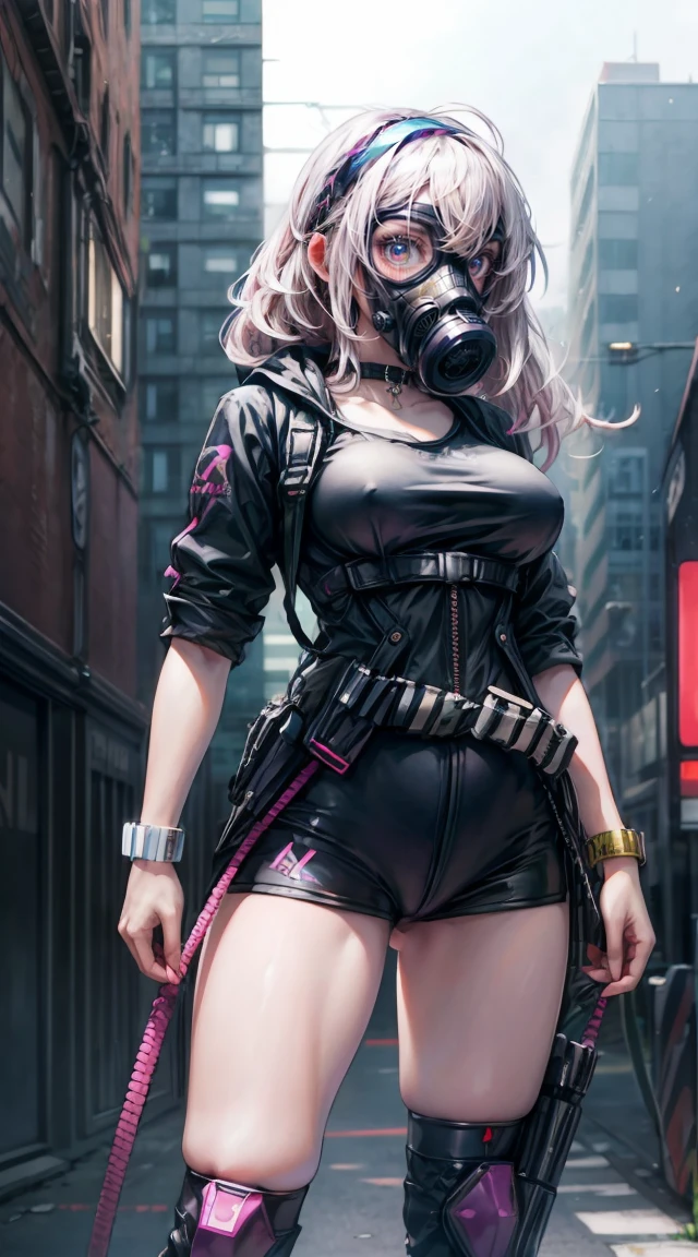 (masterpiece, best quality), futuristic, steelpunk, pastel goth, pastel gas mask, intricate tactical techwear, neon accents, fashionable, stylish, perfect slim fit body, big breasts, asymmetrical bangs, wavy hair, hairband, choker, bracelet, city streets, standing pose, contrapposto, dynamic lighting