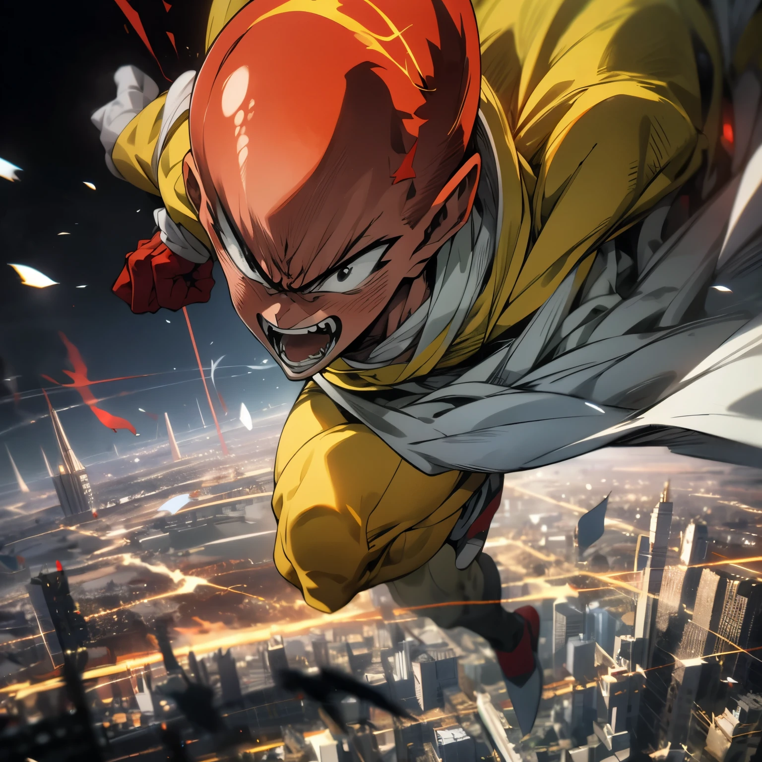 masterpiece, best quality, 1boy, (saitama), bald hair, black eyes, red gloves, yellow clothes, white cape, flying, angry face, aura power, night, natural light, flying, angry eyes, angry face, male focus, strong muscles, movie composition, flying, bokeh, (futuristic), (full body), city view, flying above the city, scary look, godly strenght