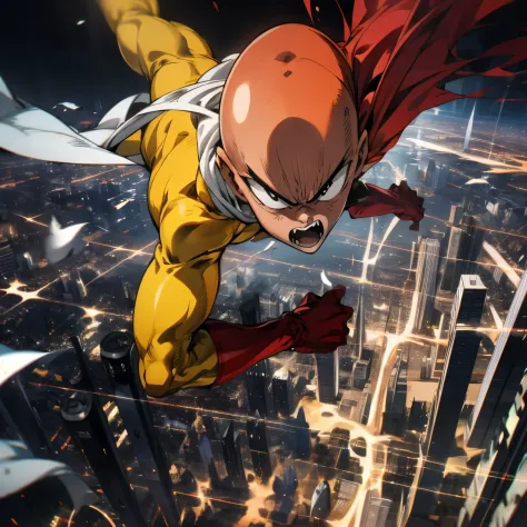 masterpiece, best quality, 1boy, (saitama), bald hair, black eyes, red gloves, yellow clothes, white cape, flying, angry face, a...