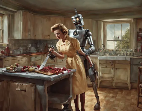 photorealistic picture of an evil domestic robot hacking a frightened american housewife from the 1950s to death in her kitchen ...