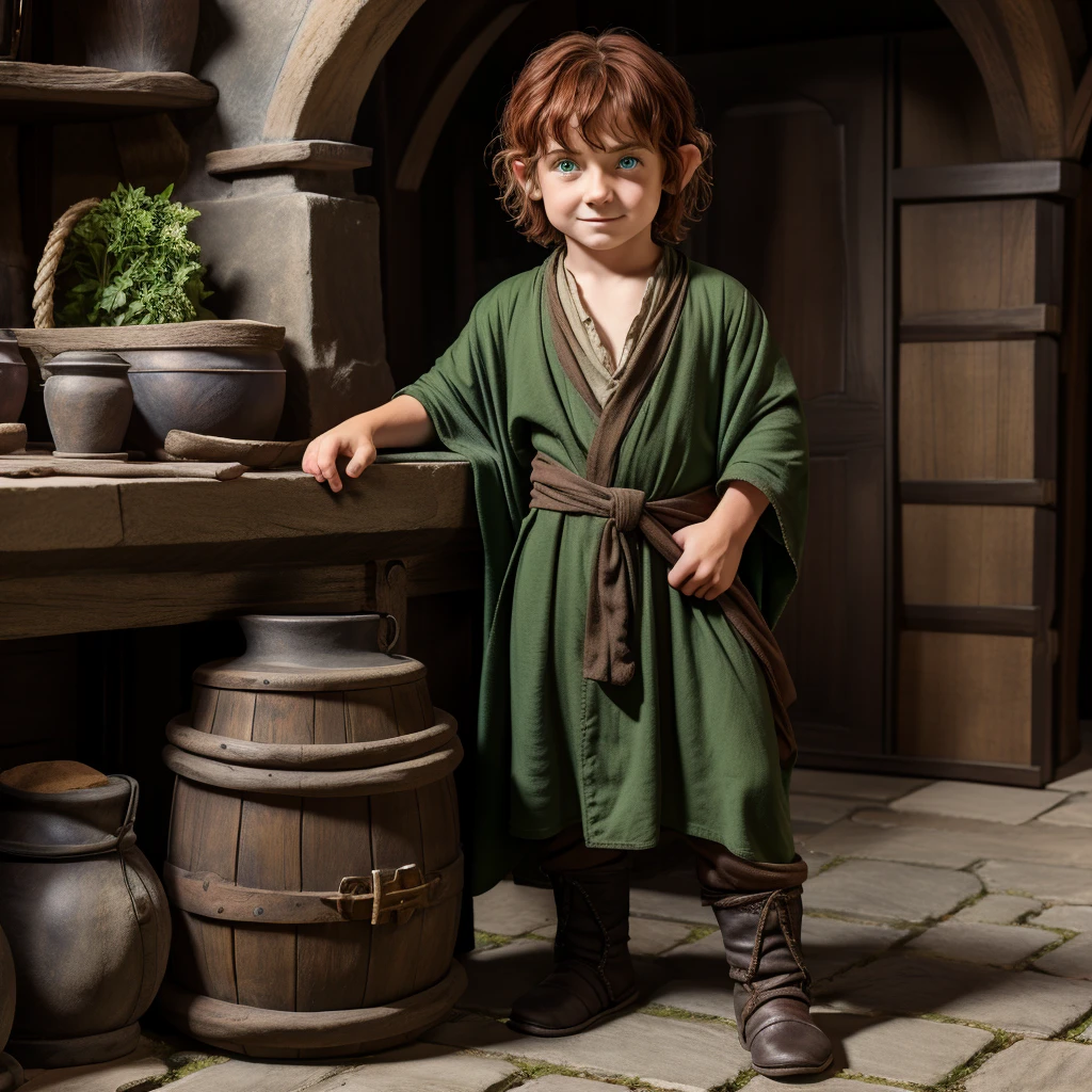 Um hobbit masculino baixo, com "cabelo ruivo curto", "roupa escura de comerciante medieval", "olhos verdes", vestindo uma túnica de comerciante , pose de corpo inteiro,