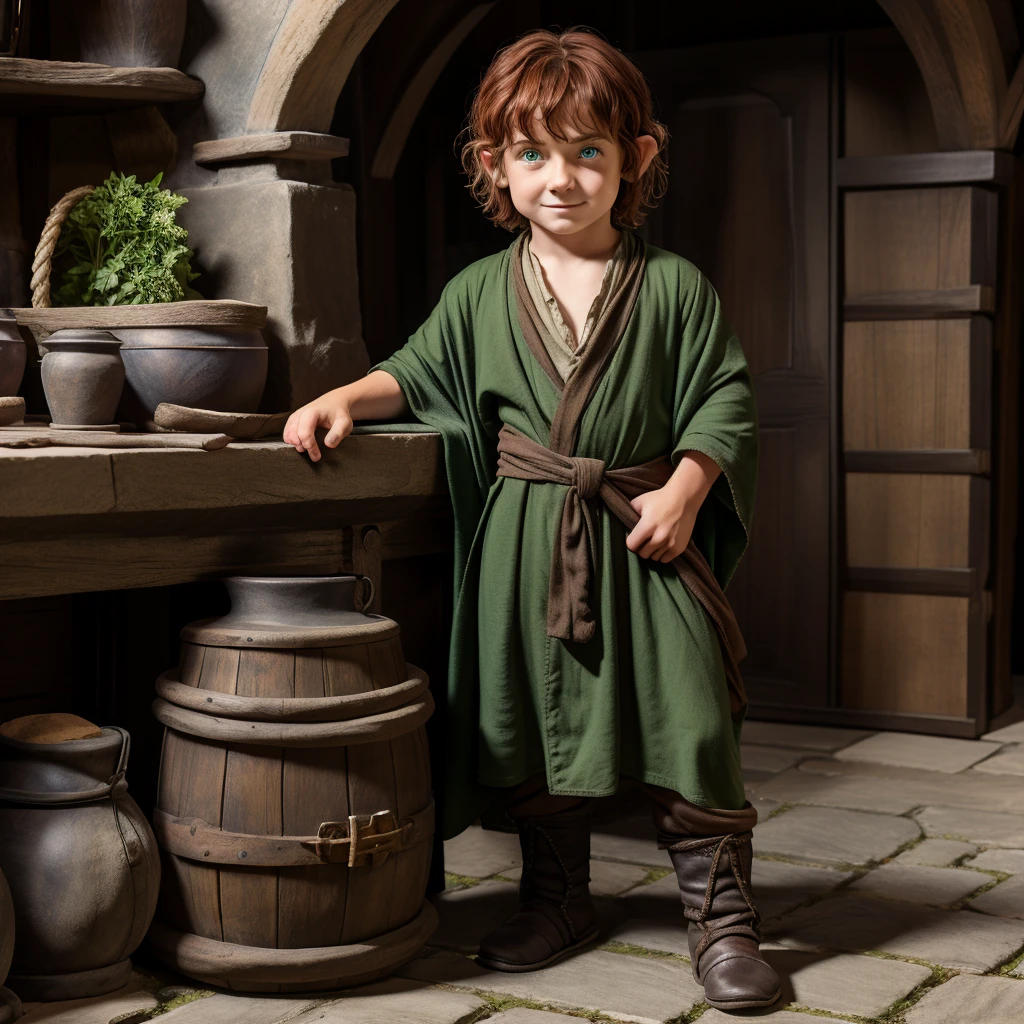 A short male child hobbit, with "short red hair", "dark medieval merchants outfit", "green eyes", wearing a merchant's robe , full body pose,