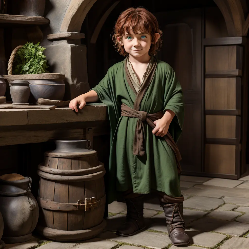 A short male child hobbit, with "short red hair", "dark medieval merchants outfit", "green eyes", wearing a merchant's robe , fu...