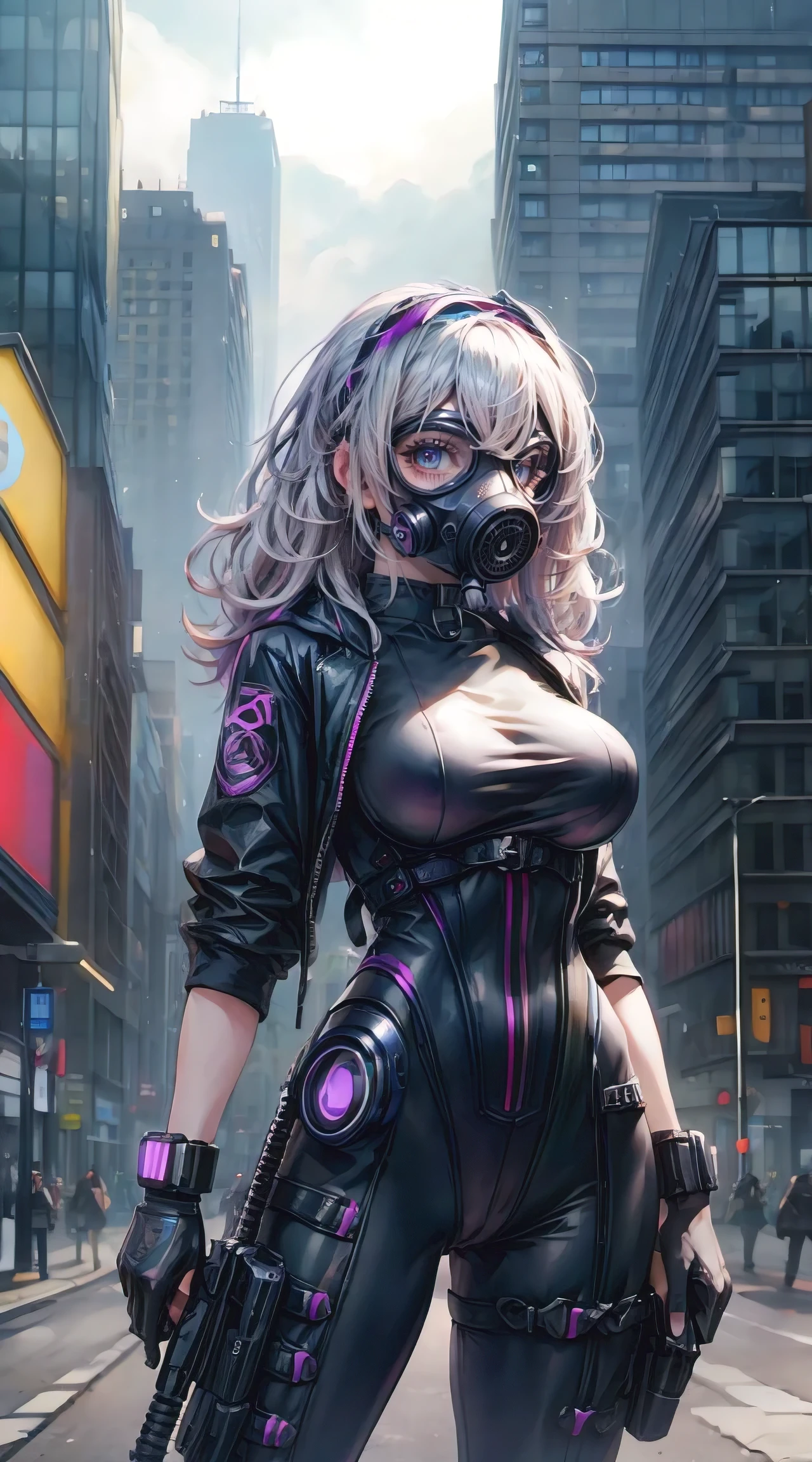 (masterpiece, best quality), futuristic, steelpunk, pastel goth, pastel gas mask, intricate tactical techwear, neon accents, fashionable, stylish, perfect slim fit body, big breasts, asymmetrical bangs, wavy hair, hairband, choker, bracelet, city streets, standing pose, contrapposto, dynamic lighting