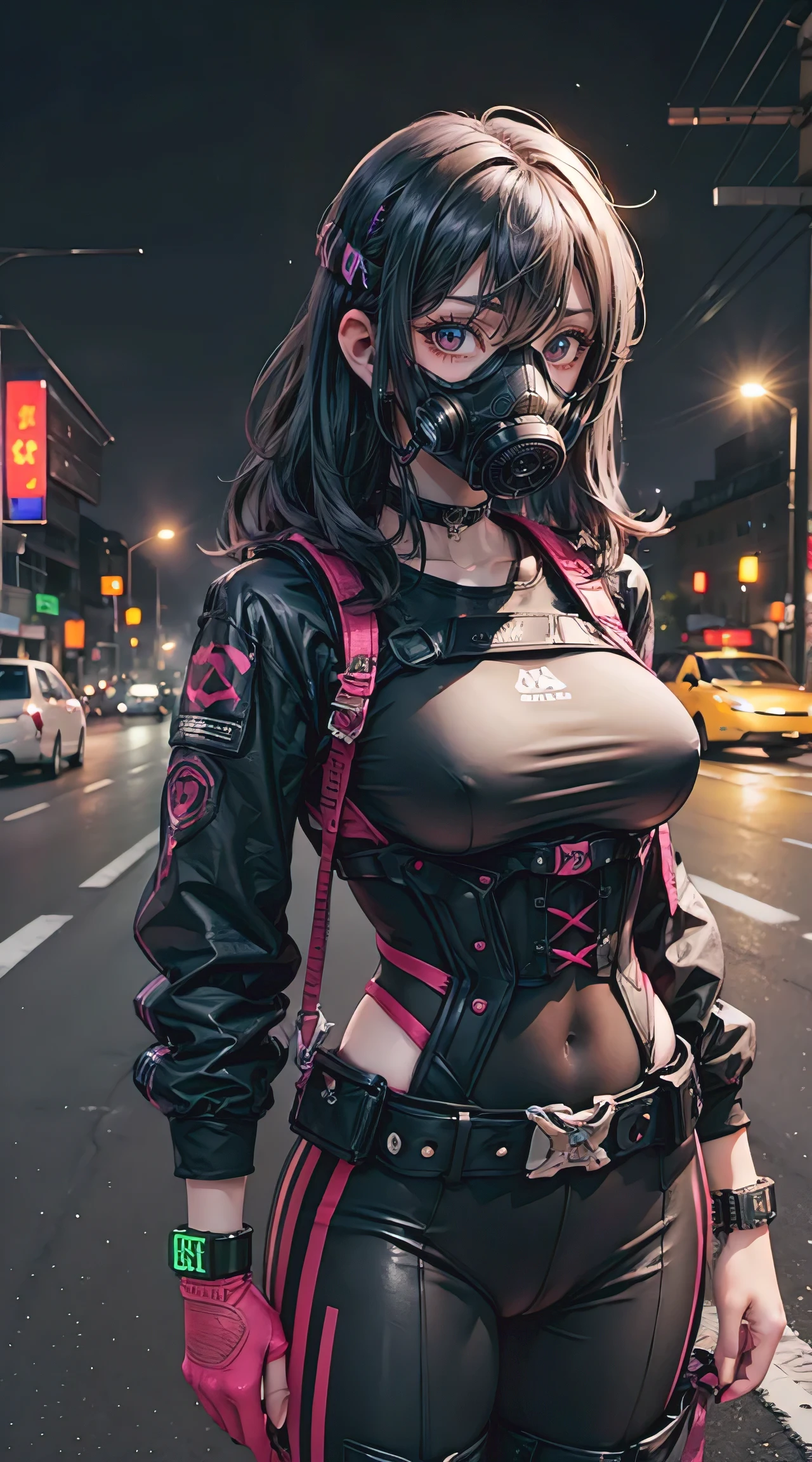 (masterpiece, best quality), futuristic, steelpunk, pastel goth, pastel gas mask, intricate tactical techwear, neon accents, fashionable, stylish, perfect slim fit body, big breasts, asymmetrical bangs, wavy hair, hairband, choker, bracelet, city streets, standing pose, contrapposto, dynamic lighting