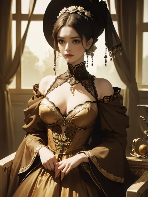 (Pure Color: 0.9), (Color: 1.1), (Masterpiece: 1,2), Top Quality, Masterpiece, High Resolution, Original, Highly Detailed Wallpaper, Beauty, Victorian, Dress, Melancholy, Big Breasts, Sepia Color, 40 years old