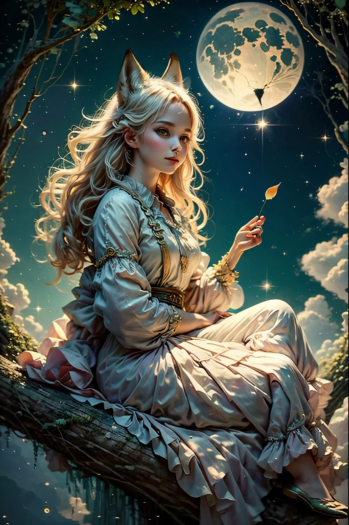 La diosa zorro, chica hermosa, Seda,nubes,cola de zorro, Traje de Mikko, bosque,Pond,( bokeh ),fantasía00d,Luna sentada