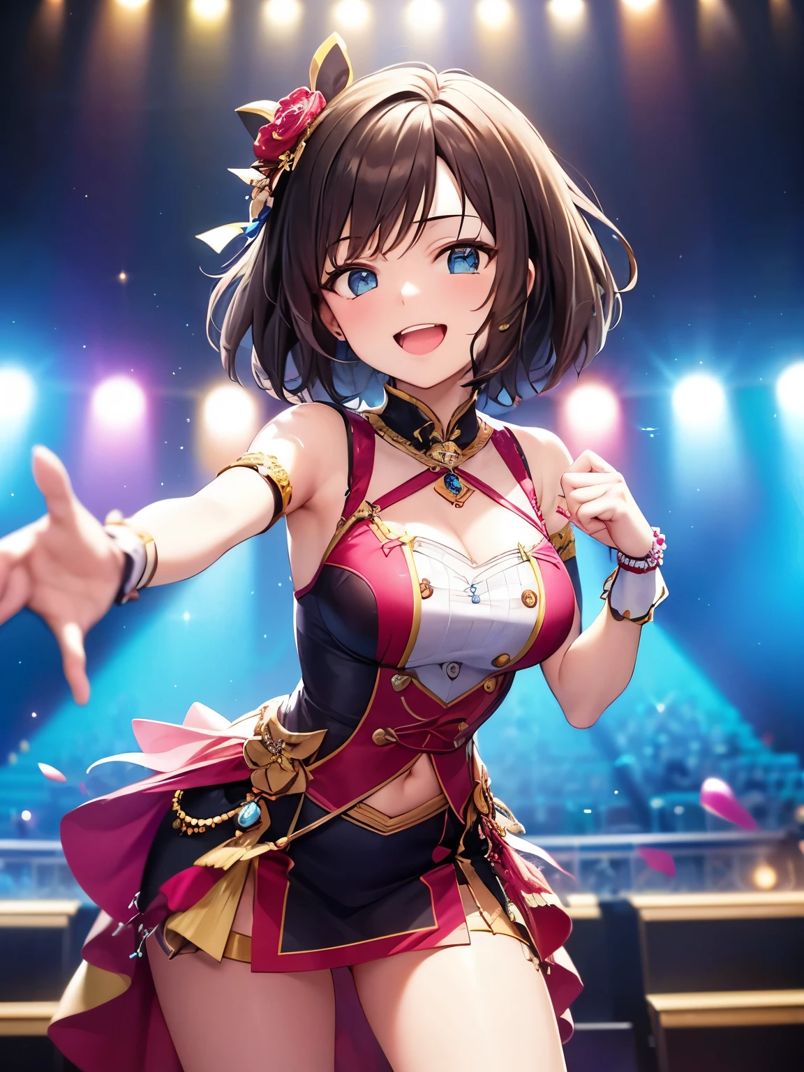 Miku Maekawa, girl with beautiful detailed eyes, cute smile, and long eyelashes, wearing a stylish and colorful idol outfit, standing on a stage surrounded by a cheering crowd, capturing the hearts of the audience with her energetic dance moves, confident and full of charisma, with colorful concert lights illuminating the stage, creating a vibrant and lively atmosphere, showcasing the excitement and energy of an idol concert, with a photorealistic and high-quality rendering that captures every detail, from the intricate folds of her dress to the expressions on the faces of the audience, creating a masterpiece of digital art in the style of concept artists, with vivid and vibrant colors that bring the scene to life.