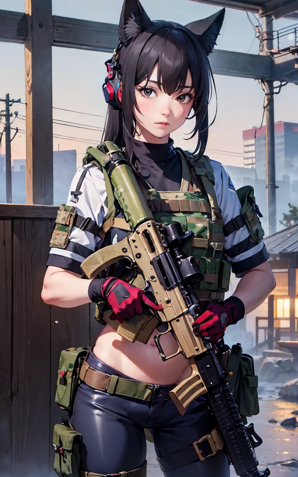 Highly detailed CG Unity 8k wallpaper, of the highest quality, super detailed, masterpiece, Realistic,1 girl, extremely detailed face, ((Shichido Yukino)),
(Tactical vest),(armor vest), look at viewer,Committed, Cowboy Shot, holding ak47,belly, camouflag outfit, glove,fox ears,(ruin background), heavy rain,dawn time