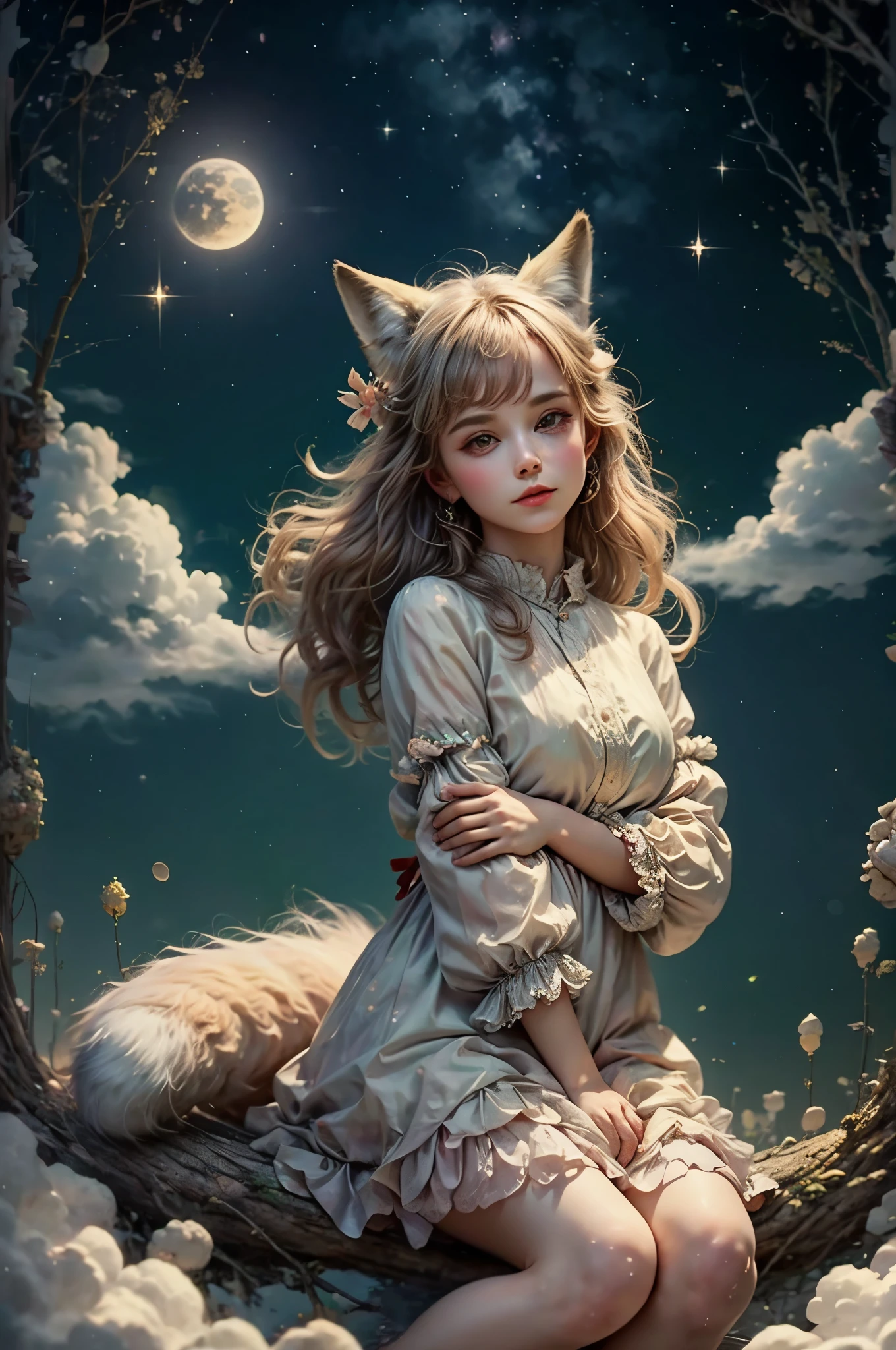The Fox Godess, schönes Mädchen, Seide,Wolken,Fuchsschwanz, Mikko Outfit, Wald,Teich,( bokeh ),sitzender Mond