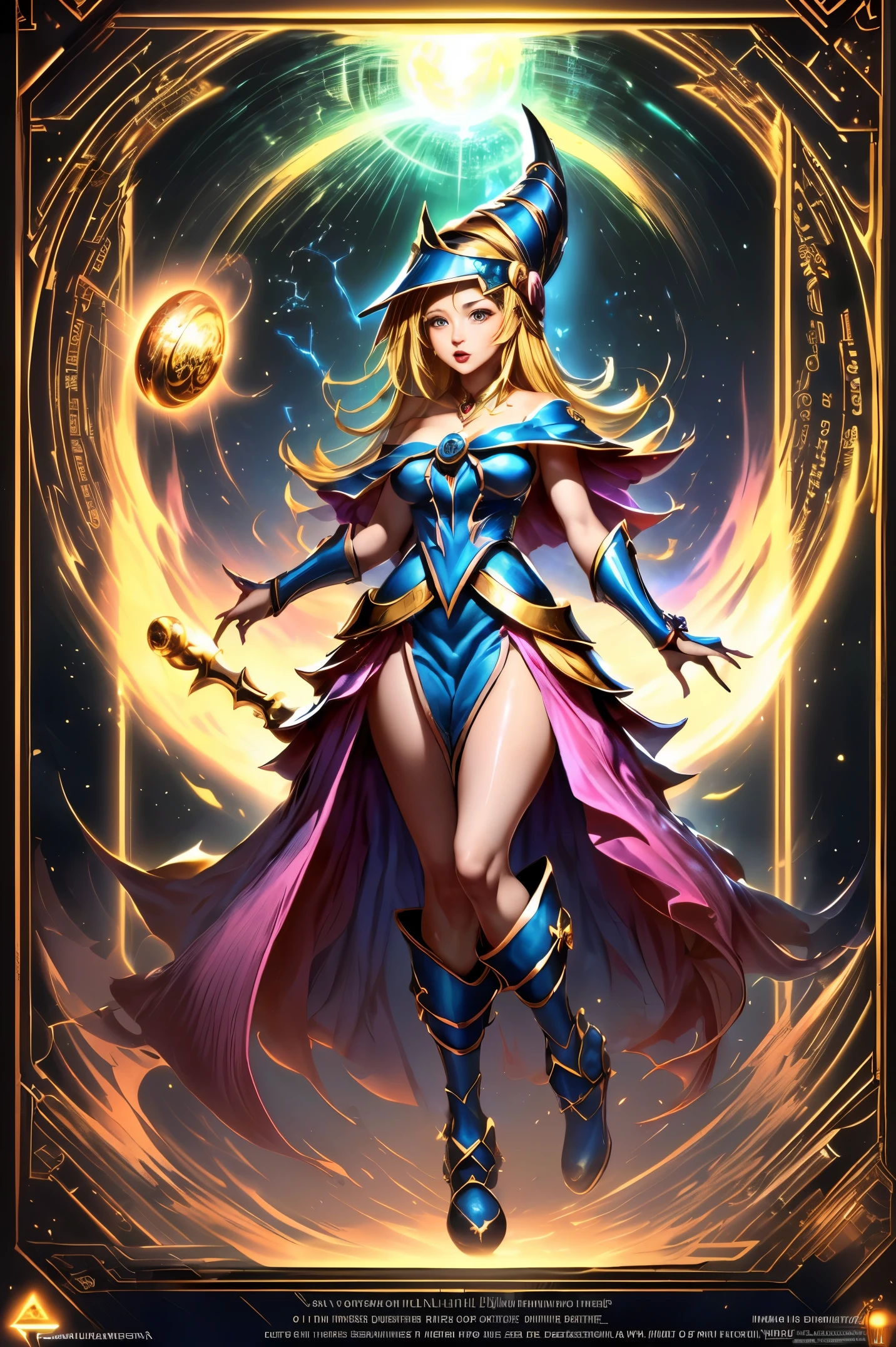 A black magician floating tenderly, magical aura, Fantastic background, glowing runes, (( a Yu-Gi-Oh card below)), giving the impression that she has been summoned,epic composition, (Intricate high detail), (complex design, Ultra-details :1.2), art station, (masterpiece, the best HD calidra, 32K ,rendered octane, bioluminiscente,8K concept art resolution, realism,by Mappa studios,masterpiece,The best quality,official art,illustration,clear line,(fresco_Color),Perfectcomposition,absurd, fantasy,( Below is a Yu-Gi-Oh map), Diagrams