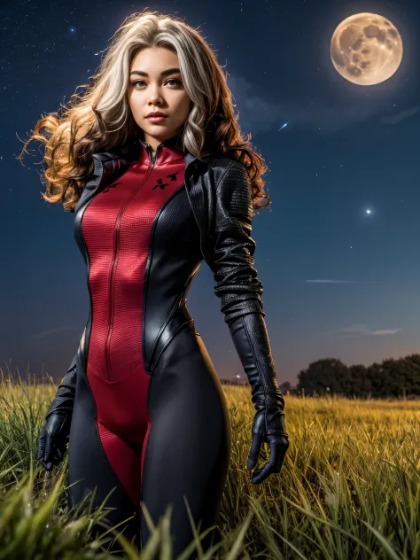 Madison Beer as Rogue, looking at viewer, short hair, Xtreme,jacket, sky, red and black bodysuit, red bodysuit, night, moon, gra...