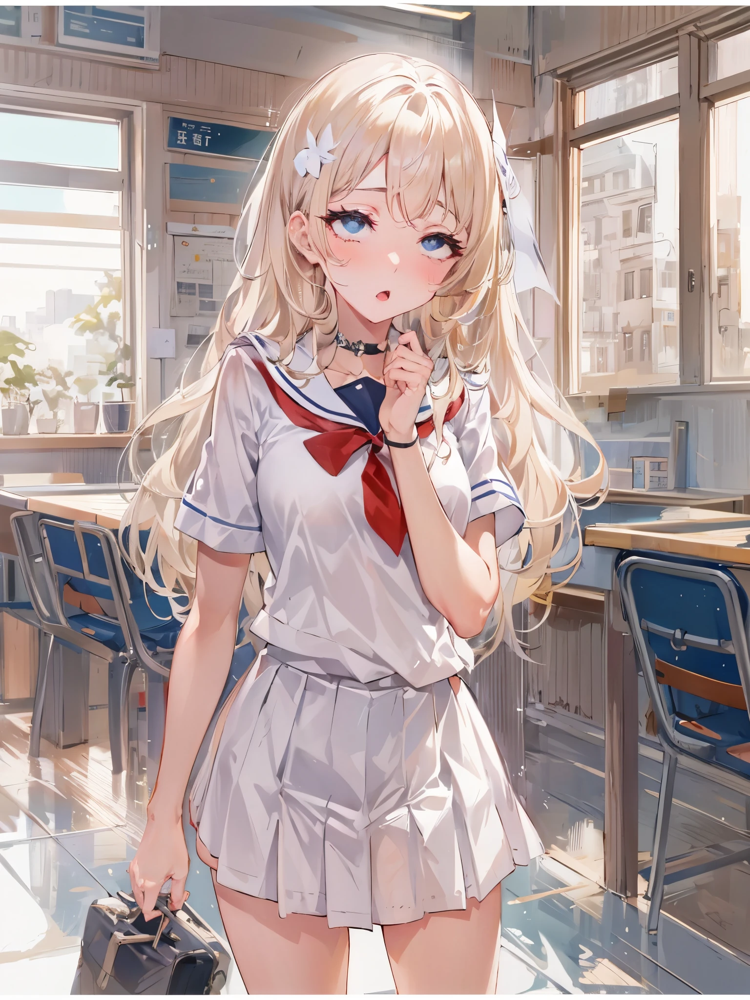 top-quality、realistic touch,high-detail、photoRealstic、thin-waist、captive beauty、big eye、solid platinum-blonde eyelashes、platinum-blonde、full body Esbian、Sparkling eyes, cheeks flushed、Kamimei、thin-waist、Voluptuous thighs、In the classroom of  the school、She is in estrus、a sailor suit、cocky expression、Colossal 、Super short skirt with V-line visible、Sleeveless、Crouch with legs open、Fold your hands behind your head、Multiple people