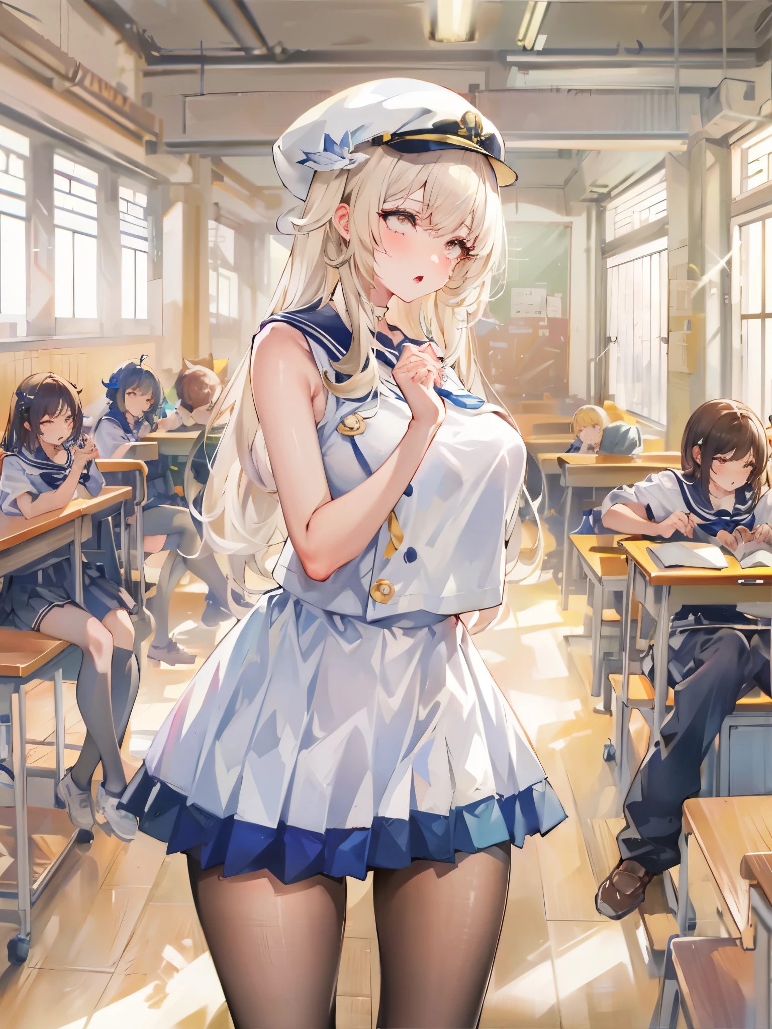 top-quality、realistic touch,high-detail、photoRealstic、thin-waist、captive beauty、big eye、solid platinum-blonde eyelashes、platinum-blonde、full body Esbian、Sparkling eyes, cheeks flushed、Kamimei、thin-waist、Voluptuous thighs、In the classroom of  the school、She is in estrus、a sailor suit、cocky expression、Colossal tits、Super short skirt with V-line visible、Sleeveless、Crouch with legs open、Fold your hands behind your head、Multiple people