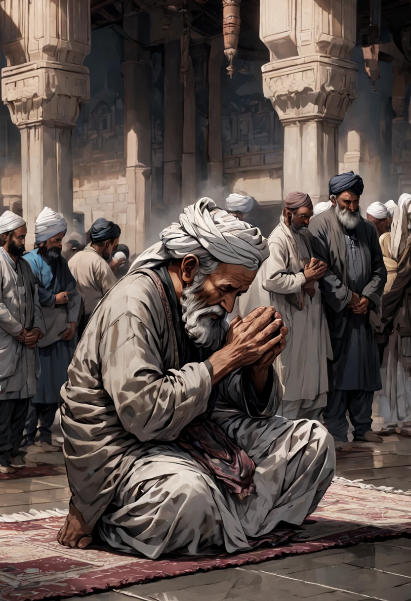 アフガニスタンの高齢男性, 深いシワと白くて長いひげを持つ, 黒いターバンを着ている, そして白い, ローズゴールドサルワールカミーズ. 彼はモスクで祈りマットの上で祈っている, 早朝, ファジュルの祈り. 集中している様子で両手を縛られ、片方の手は上に置かれている, 先祖の両親と現在の家族と子供たちのために祈る. アニメスタイル, RTTX 10.0, 高解像度, 高解像度,  gaming ultra 24k and RTTX 10.0 unreal engine 6 PC masterace, ウルトラグラフィックス