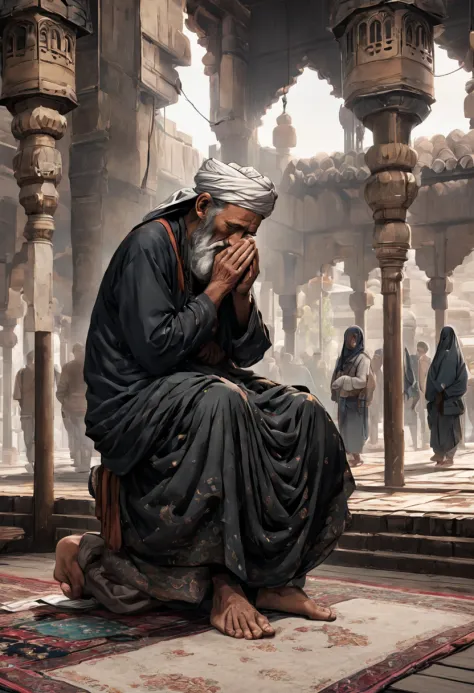 a male afghani elderly man, with hard wrinkles and white long beard, wearing a black turban, and a white, rose gold salwar kamee...