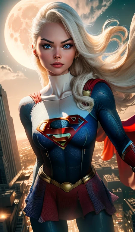 (Obra maestra, resolución 4k, Ultrarrealista, Muy detallado), (Tema de superhéroe blanco, carismático, hay una chica en la cima de la ciudad, usando el disfraz de Supergirl, ella es una superheroína), [ ((25 años), (pelo largo y blanco:1.2), cuerpo completo, (blue eyes:1.2), ((Postura de la niña araña),demostración de fuerza, volando de un pueblo a otro), ((ambiente arenoso):0.8)| (paisaje urbano, por la noche, luz dinámica luna llena))] # Explicación: El mensaje describe principalmente una pintura 4K de ultra alta definición., muy realista, Muy detallado. Muestra una superheroína en lo alto de la ciudad., con un disfraz de Supergirl. El tema de la pintura es un tema de superhéroe blanco., La protagonista femenina tiene el pelo largo y rubio, is 25 años old and her entire body is shown in the painting. En términos de retratar las acciones de las superheroínas., se emplean arañas